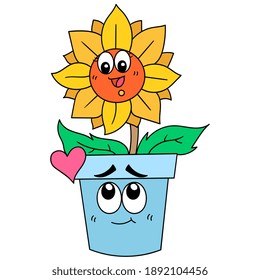 sunflowers growing in lush pots are beautiful expressions of happy laughter, character cute doodle draw. vector illustration