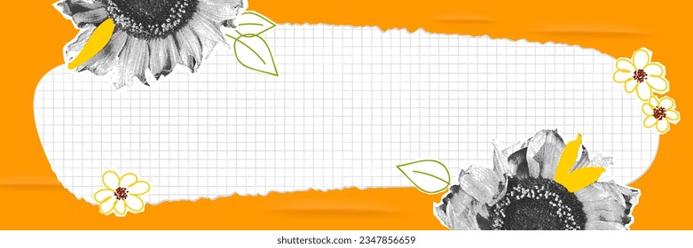 Sunflowers halftone collage banner template with doodles, paper torn and check pattern. Poster, background with copy space. Modern pop art mixed media design. Vector illustration 