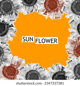 Sonnenblumen halftone Collage Poster-Vorlage mit gepunkteten Blumen. Quadratischer Rahmen, Rahmen, Hintergrund mit Kopienraum. Modernes Pop-Art Mischmediendesign. Trendige Vektorgrafik 