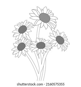 sunflowers hand drawing line art graphic element for  blooming coloring book page