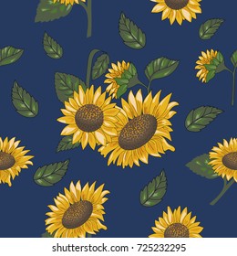 sunflowers hand drawn seamless pattern on dark blue background