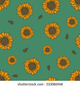 Sunflowers hand drawn seamless vector pattern
