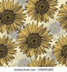 Sunflowers hand-drawn black contours on a yellow background. Naturalistic sunny flowers in a seamless pattern. The drawing was made by hand with pen and ink. Summer print for design.