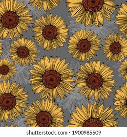 Sunflowers hand-drawn on a grey background. Naturalistic yellow-orange flowers in a seamless pattern. The drawing was made by hand with pen and ink. Summer print for design.