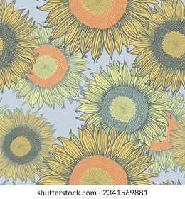 Sunflowers hand-drawn on a light blue background. Naturalistic yellow-orange flowers in a seamless pattern. Summer print for design. Seamless ornament tile.