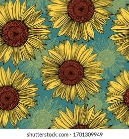 Sunflowers hand-drawn on a mint blue background. Naturalistic yellow-orange flowers in a seamless pattern. Summer print for design.