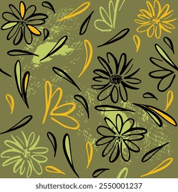 Sunflowers hand-drawn, Seamless pattern of abstract black and white leaf shapes. pattern seamless flower, Sunflowers in a seamless pattern. Orange sunflower in monochrome colors, seamless grunge textu