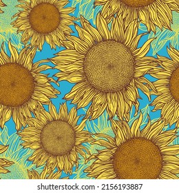 Sunflowers hand-drawn in seamless pattern. Naturalistic yellow-orange flowers. Summer print for design. Pen and ink drawing.