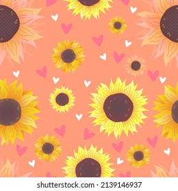 Sunflowers with hearts on a pink background. Seamless vector pattern.