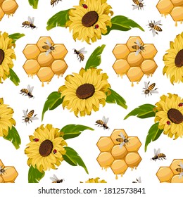 Flores de miel y abejas.Abejas, panales y girasoles en un patrón de color.