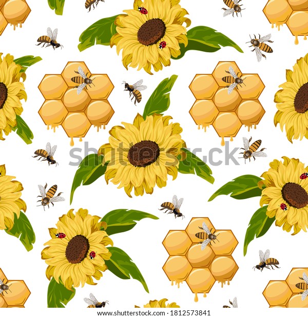 Sunflowers Honeycomb Patternbees Honeycombs Sunflowers Color Stock