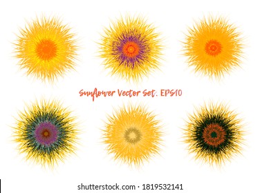 Sunflowers icons isolated on white. Beautiful flower images collection for your design. Realistic decorative sunflower illustrations. Vector set.