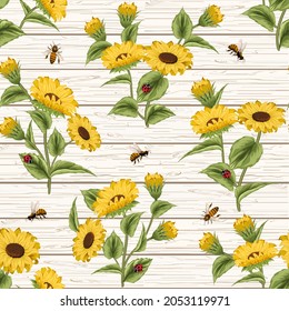 Sunflowers and insects on a wooden background.Colored vector pattern with sunflowers and insects on a wooden background.