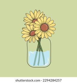 Sunflowers in a jar decoration illustration vector graphic. Spring and Summer Flowers