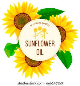 Sunflowers and leaves around circle badge with text