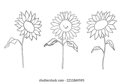 Sunflowers with leaves black line clipart hand drawn illustrations