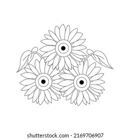 sunflowers with leaves of bouquet illustration for coloring book for children and adults