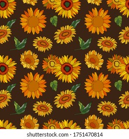 Sunflowers with leaves. Elegant hand drawn floral seamless pattern. Cartoon style illustration. Stock Illustration. Design for textiles, fabric, wallpapers, packaging, floristry, website.