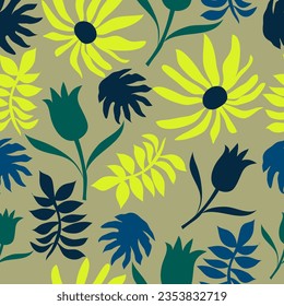 Sunflowers and leaves floral seamless pattern design. Hand drawn flowers seamless floral pattern. Good for fabric, tiles, decoration, textile, wrapping, packaging, paper, packaging and more.