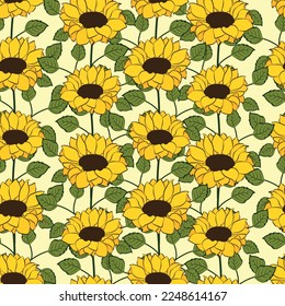 Sunflowers and leaves pattern design. Good for prints, wrapping paper, textiles, and fabric. Hand-drawn background. Botanic Tile. The surface pattern design.