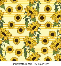 Sunflowers and leaves pattern design. Good for prints, wrapping paper, textiles, and fabric. Hand-drawn background. Botanic Tile. The surface pattern design.