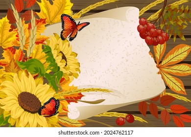 Sunflowers and leaves in a postcard.Autumn leaves, sunflowers and berries on a wooden background in vector illustration.