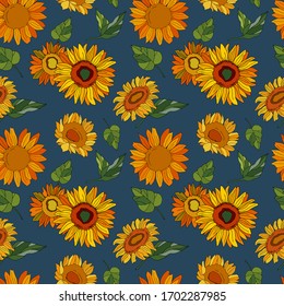 Sunflowers with leaves. Seamless pattern on light green background. Cartoon style illustration. Stock Illustration. Design for textiles, fabric, wallpapers, packaging, floristry, website.