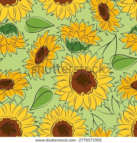 Sunflowers with leaves. Seamless pattern on green background. Flat floral style illustration. Design for textiles, fabric, wallpapers, packaging, floristry, website. Yellow flowers.