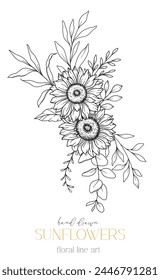 Girasoles Línea de Arte, Línea Fina Girasoles Dibujado A Mano Ilustración. Ilustración de girasoles de línea fina. Floral Line Art. Gráficos de girasoles en blanco y negro