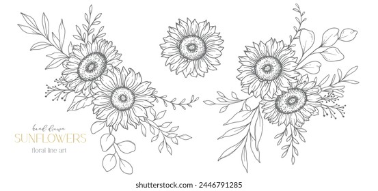 Girasoles Línea de Arte, Línea Fina Girasoles Dibujado A Mano Ilustración. Ilustración de girasoles de línea fina. Floral Line Art. Gráficos de girasoles en blanco y negro