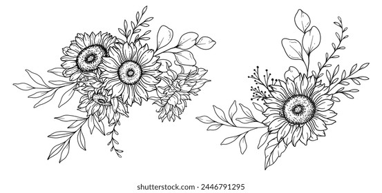 Girasoles Línea de Arte, Línea Fina Girasoles Dibujado A Mano Ilustración. Ilustración de girasoles de línea fina. Floral Line Art. Gráficos de girasoles en blanco y negro