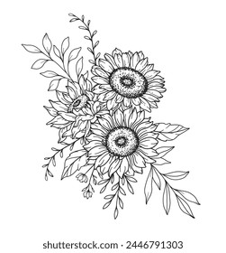 Sunflowers Line Art, Fine Line Sunflowers Hand Drawn Illustration. Fine Line Sunflowers illustration. Floral Line Art. Black and White Sunflowers Graphics