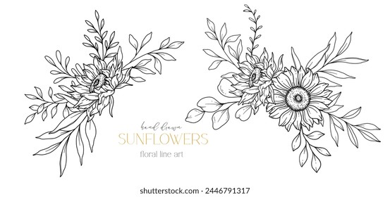 Sunflowers Line Art, Fine Line Sunflowers Hand Drawn Illustration. Fine Line Sunflowers illustration. Floral Line Art. Black and White Sunflowers Graphics