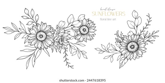 Sunflowers Line Art, Fine Line Sunflowers Hand Drawn Illustration. Fine Line Sunflowers illustration. Floral Line Art. Black and White Sunflowers Graphics