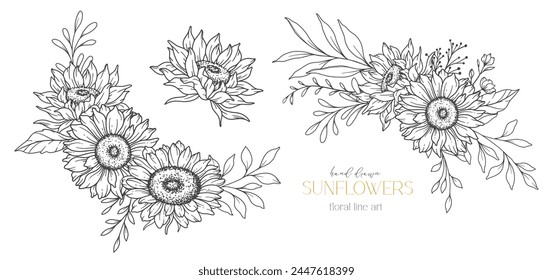 Girasoles Línea de Arte, Línea Fina Girasoles Dibujado A Mano Ilustración. Ilustración de girasoles de línea fina. Floral Line Art. Gráficos de girasoles en blanco y negro