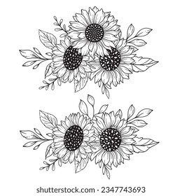 Ilustración Dibujada A Mano De Los Sunflower Line Art, De Los Buques De Girasol De Línea Fina. Colorear página con SunFlowers. 