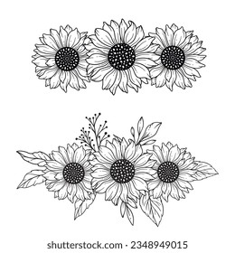 Ilustración Dibujada A Mano De Los Sunflower Line Art, De Los Buques De Girasol De Línea Fina. Colorear página con SunFlowers. 