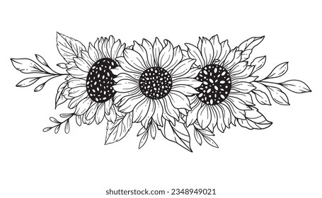 Sunflowers Line Art, Fine Line Sunflower Bouquets Hand Drawn Illustration. Coloring Page with SunFlowers. 