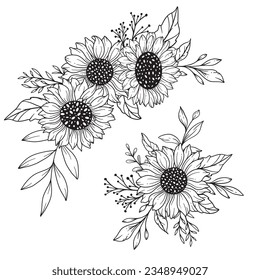 Sunflowers Line Art, Fine Line Sunflower Bouquets Hand Drawn Illustration. Coloring Page with SunFlowers. 