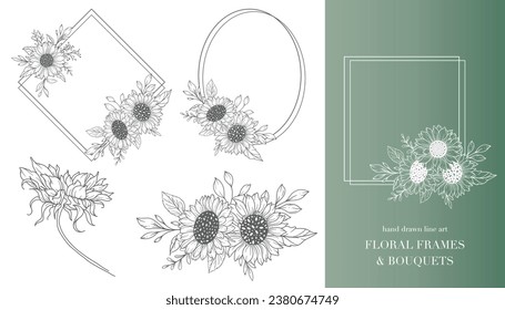 Sunflowers Line Art, Sunflower Frames. Floral Frames and Bouquets Line Art. Fine Line Sunflower Bouquets Hand Drawn Illustration. Coloring Page with SunFlowers. 