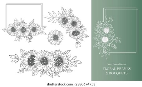 Arte de Línea Sunflowers, Marcos Sunflower. Marcos florales y arte de la línea Bouquets. Buquetas de girasol de línea fina con ilustraciones dibujadas a mano. Colorear página con SunFlowers. 