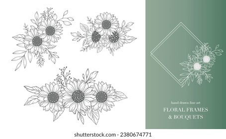 Arte de Línea Sunflowers, Marcos Sunflower. Marcos florales y arte de la línea Bouquets. Buquetas de girasol de línea fina con ilustraciones dibujadas a mano. Colorear página con SunFlowers. 