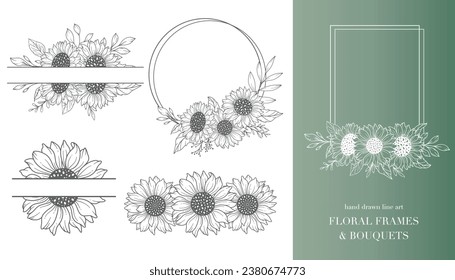 Arte de Línea Sunflowers, Marcos Sunflower. Marcos florales y arte de la línea Bouquets. Buquetas de girasol de línea fina con ilustraciones dibujadas a mano. Colorear página con SunFlowers. 