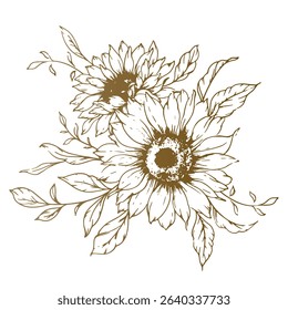 Sunflowers Line Drawing. Outline Sunflowers illustration. Hand Drawn Sunflowers Silhouette.  Monochrome Floral Line Art. Ink Sunflowers Drawing for packaging, labels. 
