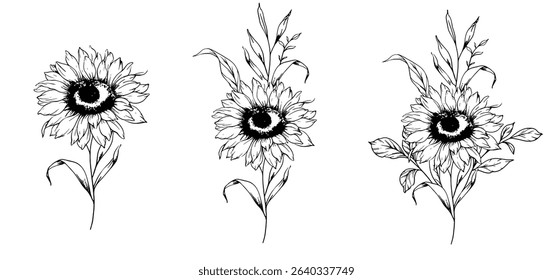 Sunflowers Line Drawing. Outline Sunflowers illustration. Hand Drawn Sunflowers Silhouette.  Monochrome Floral Line Art. Ink Sunflowers Drawing for packaging, labels. 