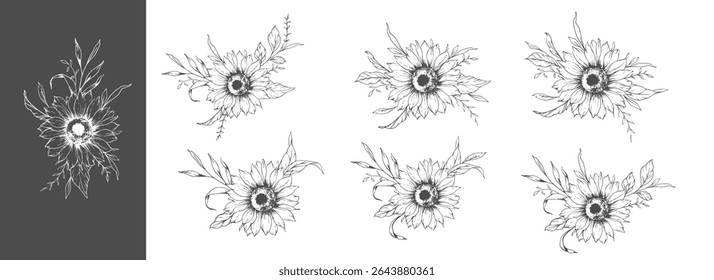 Sunflowers Line Drawing. Outline Sunflowers illustration. Hand Drawn Sunflowers Silhouette.  Monochrome Floral Line Art. Ink Sunflowers Drawing for packaging, labels. 