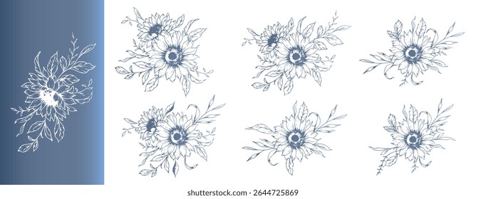 Sunflowers Line Drawing. Outline Sunflowers illustration. Hand Drawn Sunflowers Silhouette.  Monochrome Floral Line Art. Ink Sunflowers Drawing for packaging, labels. 