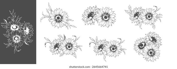 Sunflowers Line Drawing. Outline Sunflowers illustration. Hand Drawn Sunflowers Silhouette.  Monochrome Floral Line Art. Ink Sunflowers Drawing for packaging, labels. 