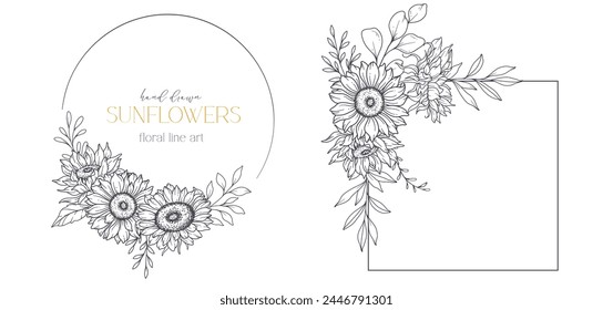 Sunflowers Line Drawing. Sunflower Frame Line Art. Floral frame. Floral Line Art. Fine Line Sunflower  illustration. Hand Drawn Outline flowers. Botanical Coloring Page. Wedding invitation flowers