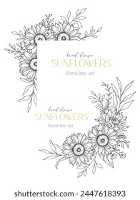 Dibujo de línea de girasoles. Sunflower Frame Line Art. Marco floral. Ilustración de girasol de línea fina. Flores con contorno dibujado a mano. Página para colorear botánica. Boda invitación flores